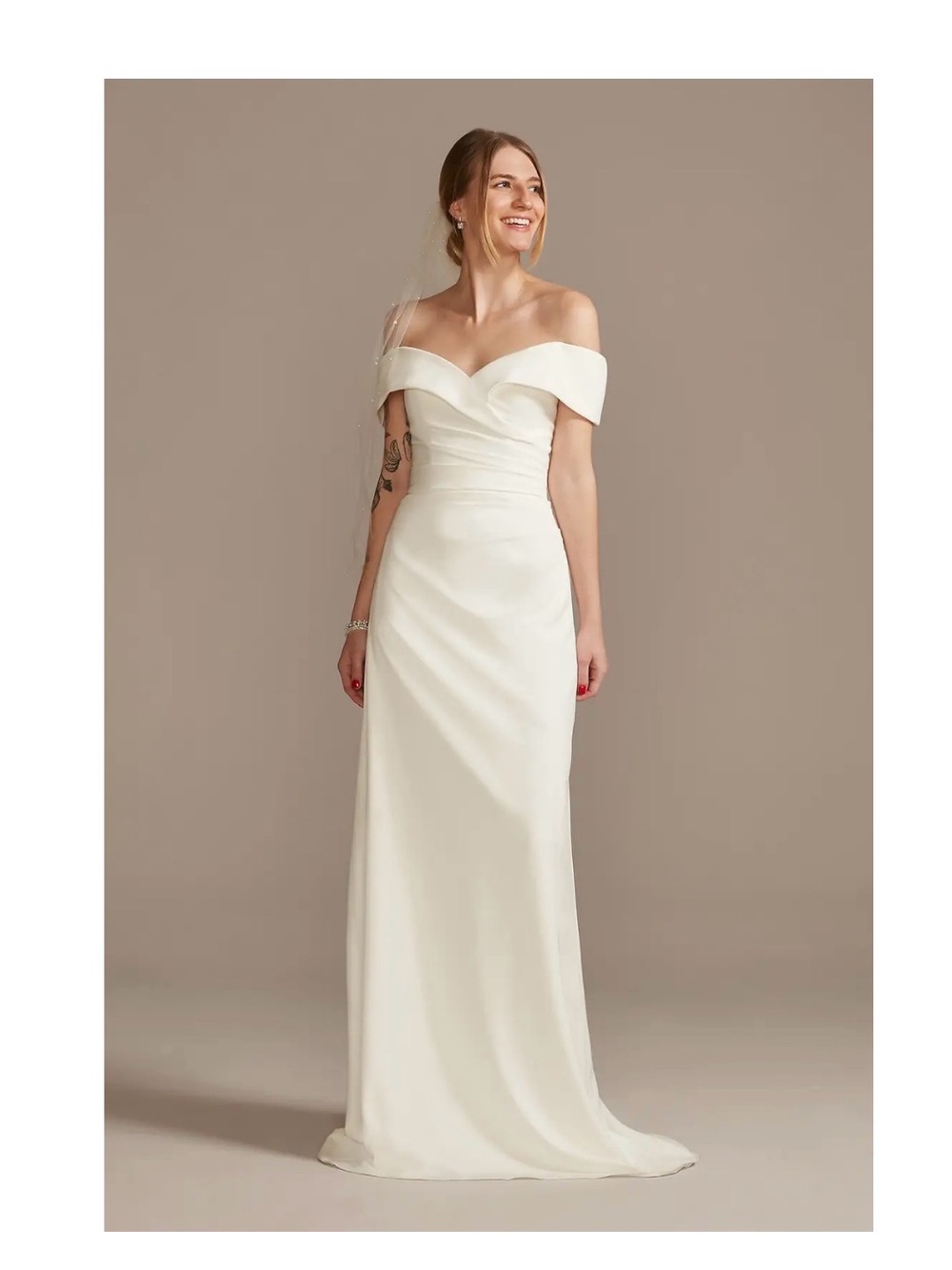 David's Bridal Off-the-Shoulder Crepe Wedding Gown - NWT